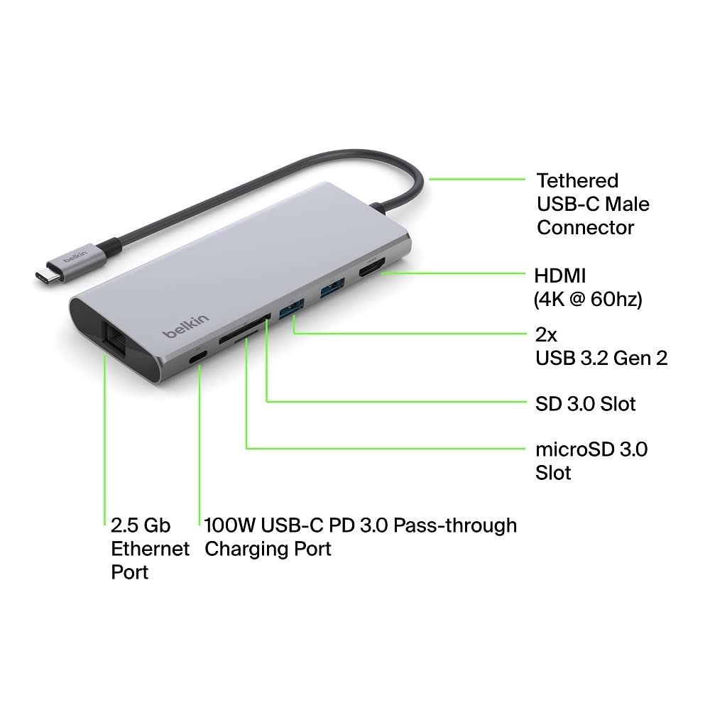 Belkin USB-C Hub 7-in-1 MultiPort Adapter Dock with 4K HDMI & 100W PD - Image 2