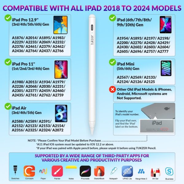 Tukzer Stylus Pen – Apple Pencil Alternative with Palm Rejection for iPad 6th–9th Gen, Pro, Air & Mini - Image 3