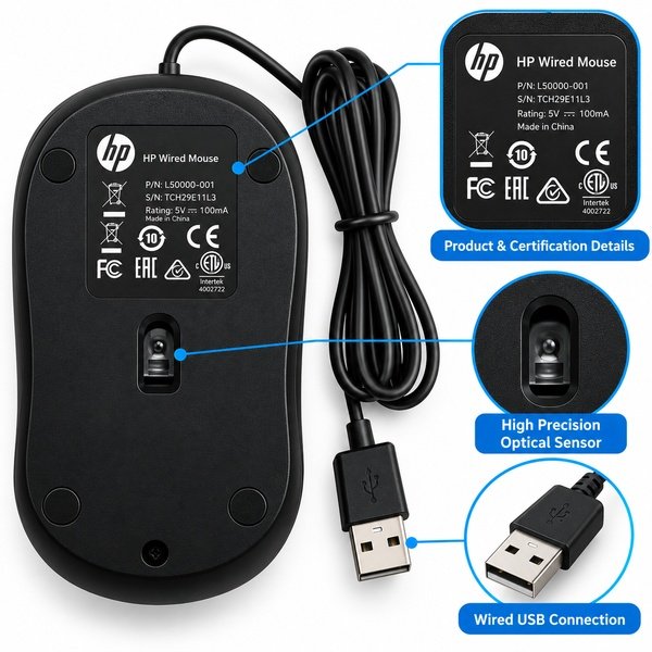 HP 1000 USB Wired Optical Mouse with 1000–1200 DPI and 1.5m Cable - Image 2