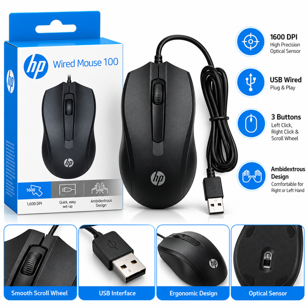 HP 100 USB Wired Mouse for Windows 7, 8, 10, 11 and macOS - Image 2