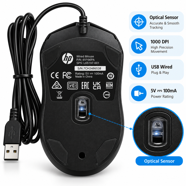 HP 100 USB Wired Mouse for Windows 7, 8, 10, 11 and macOS - Image 3