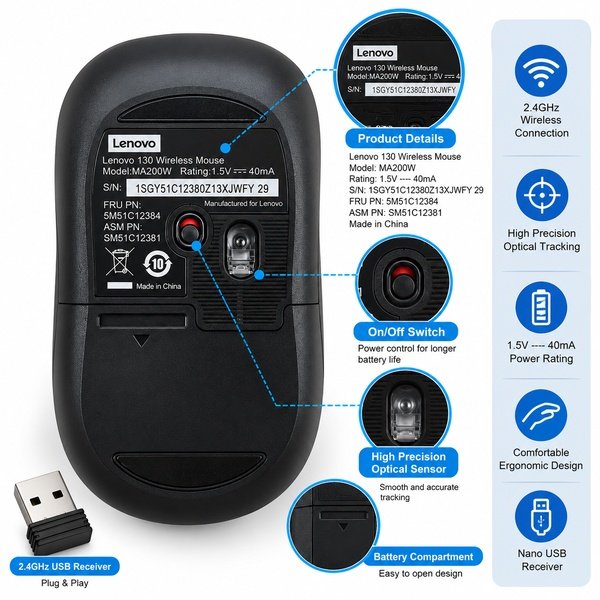 Lenovo 130 Wireless Mouse 2.4GHz with Plug-and-Play Nano USB Receiver - Image 2